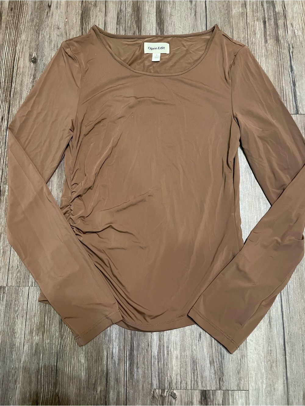 Open Edit Brown Long-Sleeve Crewneck Top